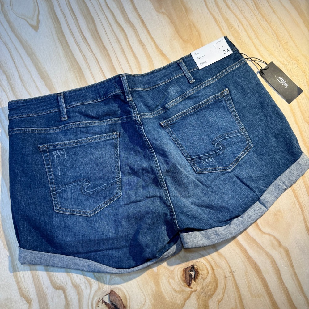 Silver Jeans Co. Womens Boyfriend Indigo Mid Rise Distressed Denim Shorts Sz 24